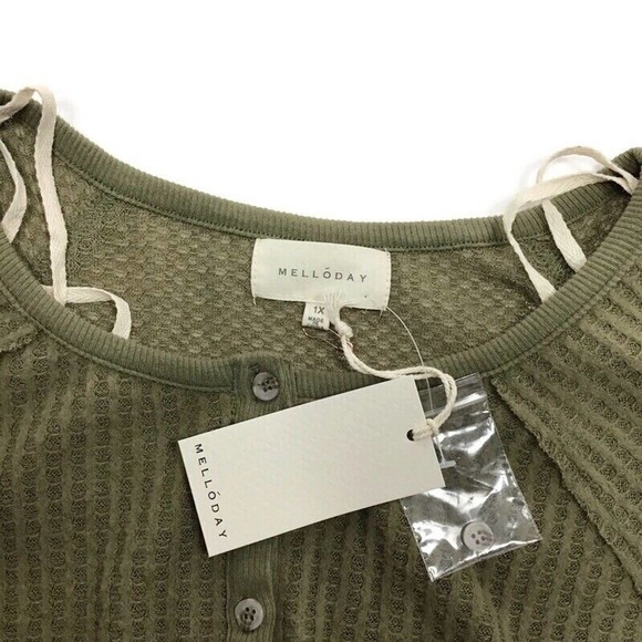 MELLODAY Womens Green Scoop Neck Tunic Waffle Knit 3/4 Sleeve Henley Top Plus 1X - Picture 5 of 5